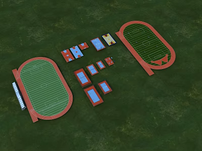 Football Field With Green Grass Surrounded By Red Tracks And Adjacent Blue Red Rectangular Areas 3d model