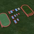 Football Field With Green Grass Surrounded By Red Tracks And Adjacent Blue Red Rectangular Areas 3d model