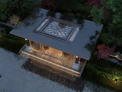 Chinese Style Pavilion With Carved Lattice Roof Surrounded By Greenery And Water Feature 3d model