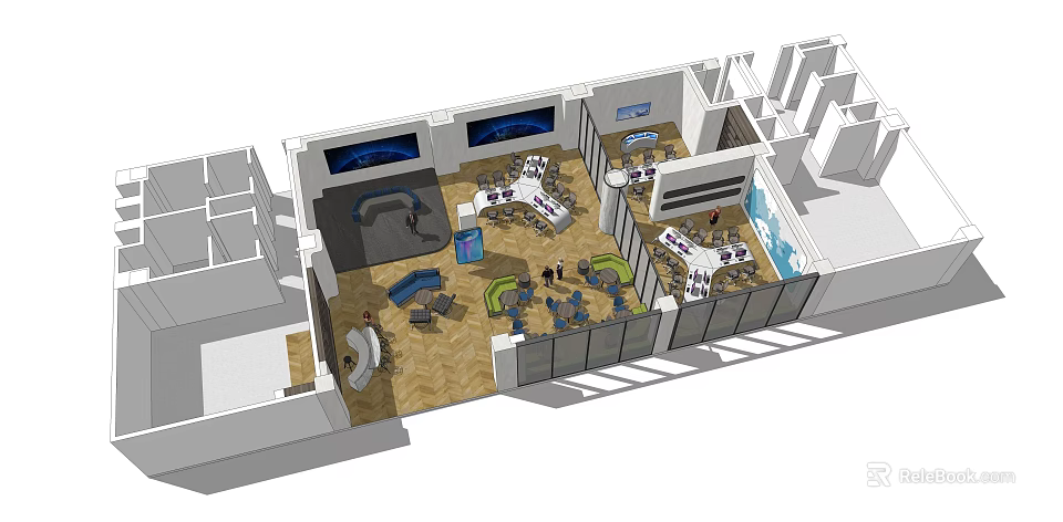 Modern Public Office Space Featuring Open Layout Multi Person Workstations And Glass Partitions 3d model 