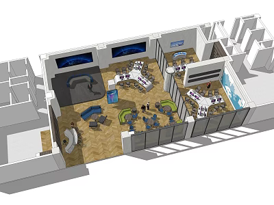 Modern Public Office Space Featuring Open Layout Multi Person Workstations And Glass Partitions 3d model