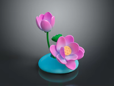 Two Pink Lotus Flowers With Green Leaves On Blue Decorative Base 3d model