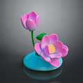 Two Pink Lotus Flowers With Green Leaves On Blue Decorative Base