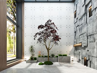 Modern courtyard dry view plant stone wall model