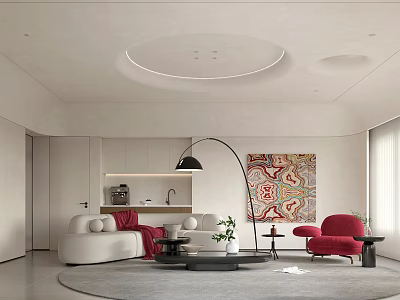 Modern Living Dining Room Design With Circular Ceiling Light White Sofa Red Chair Geometric Tapestry 3d model