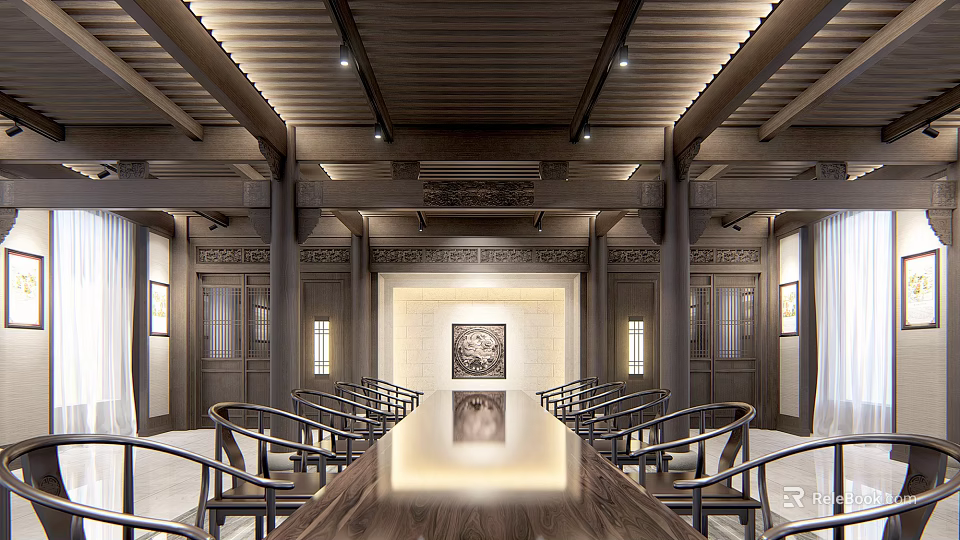 Traditional Chinese Meeting Room Interior With Wooden Structure Long Table Chairs And Wall Painting 3d model 