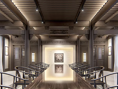 Traditional Chinese Meeting Room Interior With Wooden Structure Long Table Chairs And Wall Painting 3d model