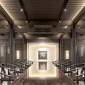 Traditional Chinese Meeting Room Interior With Wooden Structure Long Table Chairs And Wall Painting