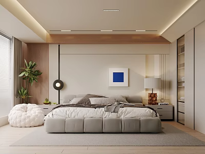 Modern Bedroom Interior With Gray Bed Blue Painting Table Lamp Wooden Accents And Green Plant 3d model