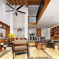 Cozy Duplex Living Room Interior With Wooden Beams Ceiling Fan And Large Windows