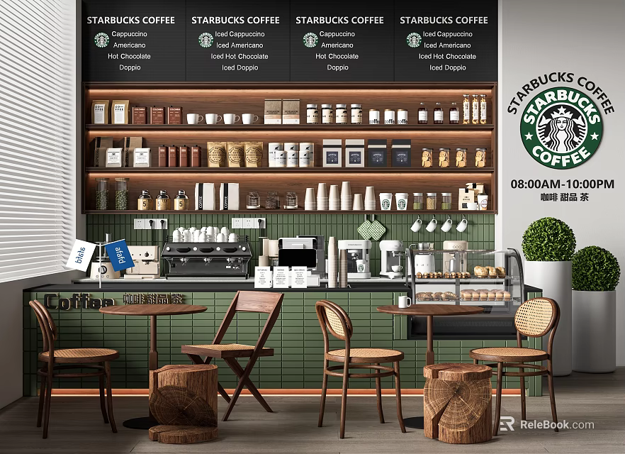 Starbucks Coffee Shop Interior Featuring Coffee Display Shelves Machine Wooden Tables Chairs And Green Wall 3d model 
