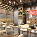Traditional Chinese Restaurant Interior With Wooden Decorations Wall Menus Dining Tables And Hanging Lanterns
