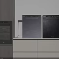 Modern Smart Home Kitchen Appliances In Black Gray With White Cabinets Countertop