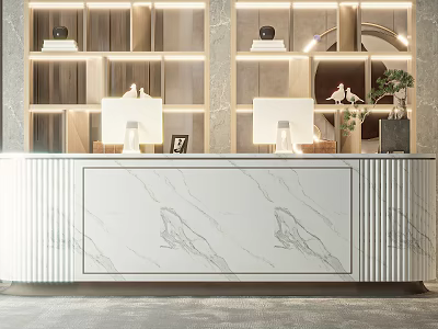 Elegant Front Desk Reception with Marble Countertop Display Shelves Computers and Decorative Plants 3d model