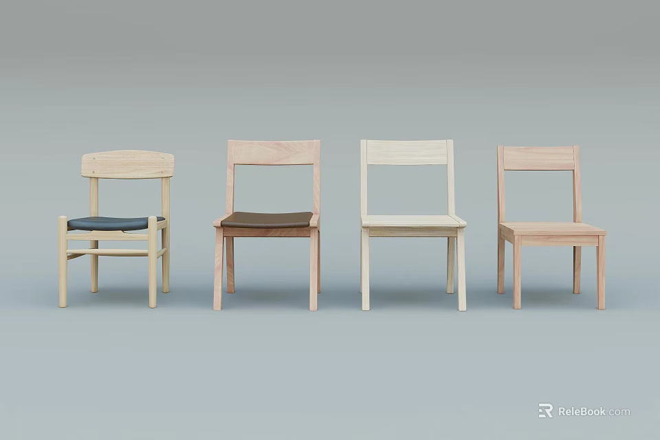 Wooden Dining Chairs Display With Four Different Colored Upholstered Seats 3d model