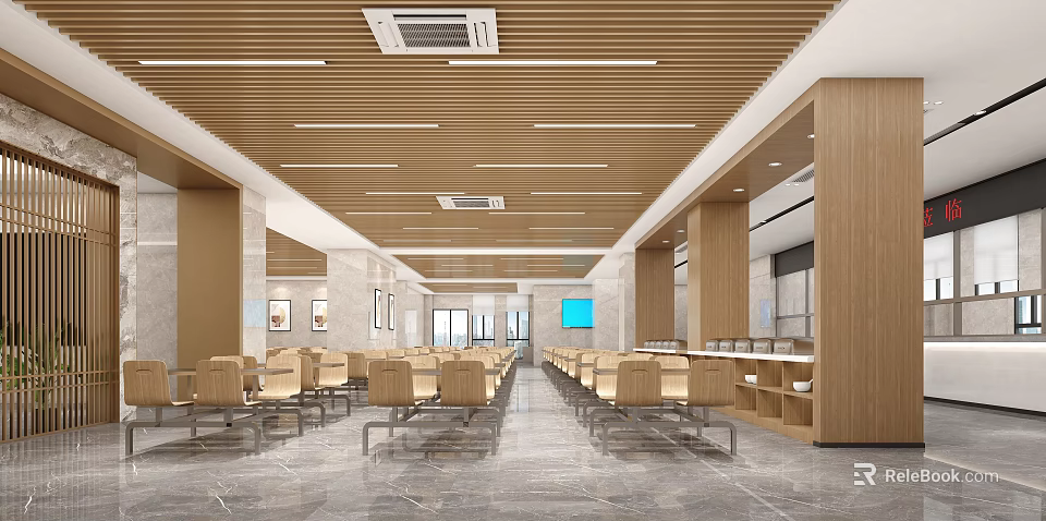 Modern Spacious Restaurant Interior With Wooden Ceiling Marble Floor And Dining Seats 3d model