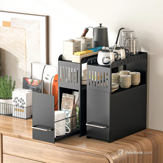 Black Wall Mounted Tableware Set Storage Rack with Mugs Jars Coffee Maker and Green Plants 3d model