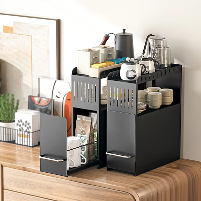 Black Wall Mounted Tableware Set Storage Rack with Mugs Jars Coffee Maker and Green Plants 3d model