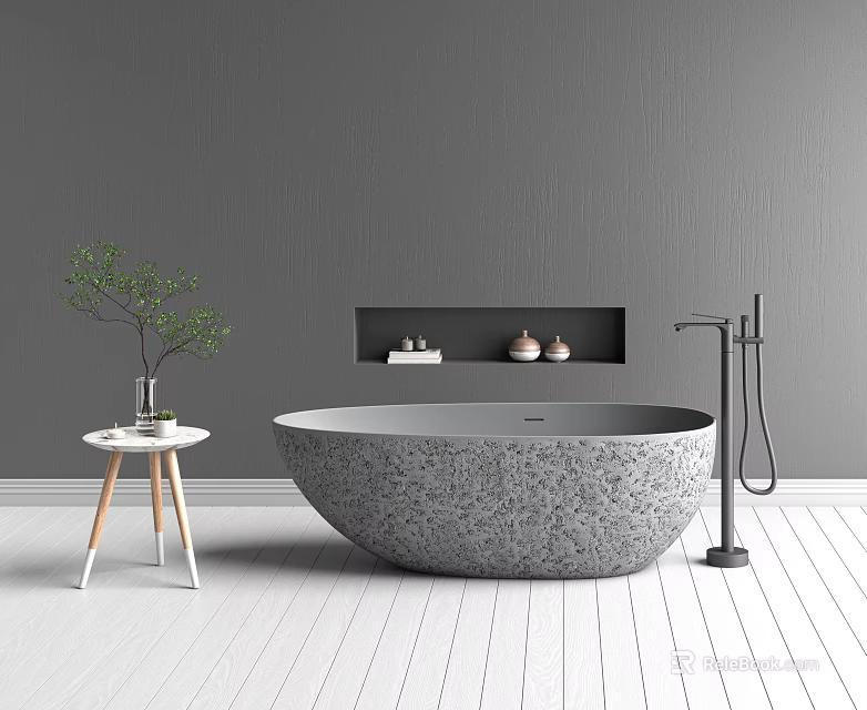Round Gray Stone Bathtub in Modern Bathroom Interior with White Wooden Floor and Wall Niche 3d model 