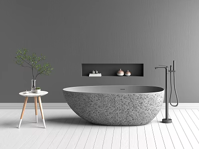 Round Gray Stone Bathtub in Modern Bathroom Interior with White Wooden Floor and Wall Niche 3d model