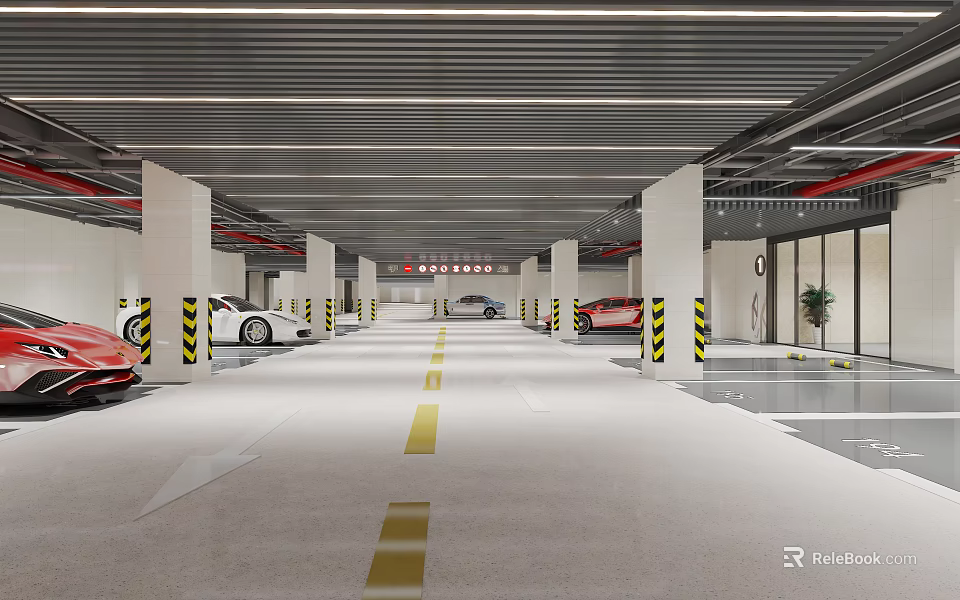Well Lit Modern Indoor Parking Lot With Cars Parking Spaces Directional Arrows And Yellow Stripes 3d model 