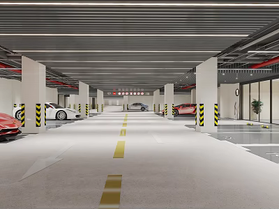 Well Lit Modern Indoor Parking Lot With Cars Parking Spaces Directional Arrows And Yellow Stripes 3d model