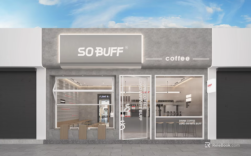 Modern Minimalist Café Exterior And Interior With Glass Doors Wooden Tables Hanging Lights And Signage 3d model 