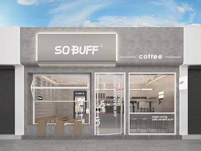 Modern Minimalist Café Exterior And Interior With Glass Doors Wooden Tables Hanging Lights And Signage 3d model