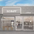 Modern Minimalist Café Exterior And Interior With Glass Doors Wooden Tables Hanging Lights And Signage