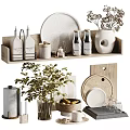 Wooden Shelf Kitchenware Display With Spice Bottles Jars Cutting Boards Plates Green Plants Fruit Bowl