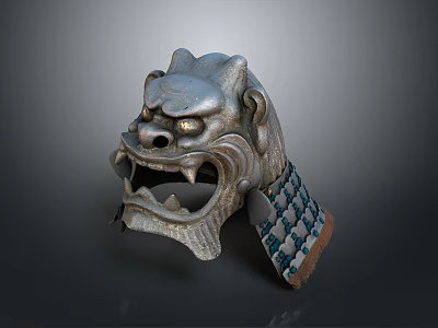 Artistic Samurai Helmet Sculpture With Mythical Beast Face Metal Grid And Brown Edge Details 3d model