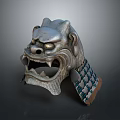 Artistic Samurai Helmet Sculpture With Mythical Beast Face Metal Grid And Brown Edge Details