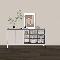 Modern White Sideboard With Glass Doors Open Shelves Green Plant Framed Art On Beige Wall