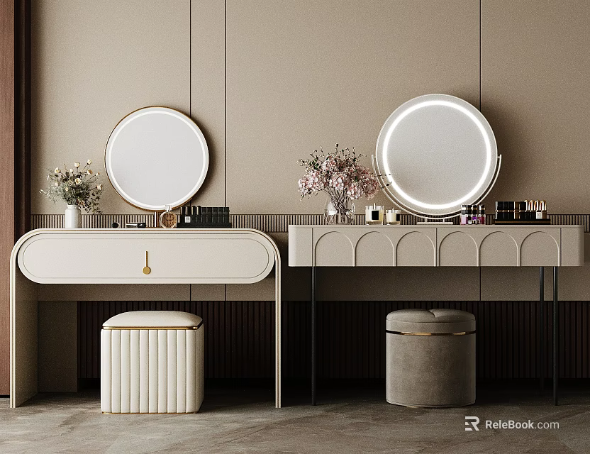 Elegant Modern Vanity Tables Design With Round Mirrors Flower Vases And Stools 3d model 