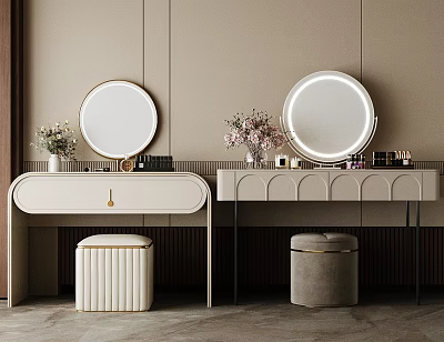 Elegant Modern Vanity Tables Design With Round Mirrors Flower Vases And Stools 3d model
