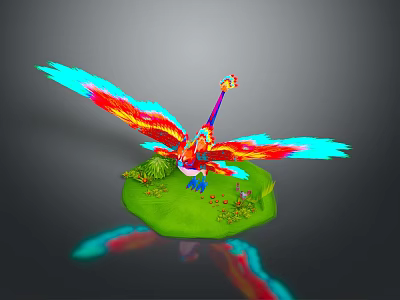 Game and Movie Mythical Bird Character with Colorful Feathers Vibrant Wings on Green Platform 3d model