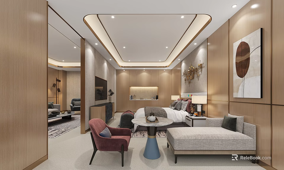 Modern Hotel Room Interior With Sofa Armchair Bed Decorative Painting And TV 3d model 