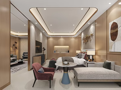 Modern Hotel Room Interior With Sofa Armchair Bed Decorative Painting And TV 3d model