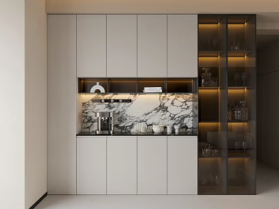 Modern Sideboard With Marble Countertop Storage Cabinets Glass Door Display And Coffee Machine 3d model