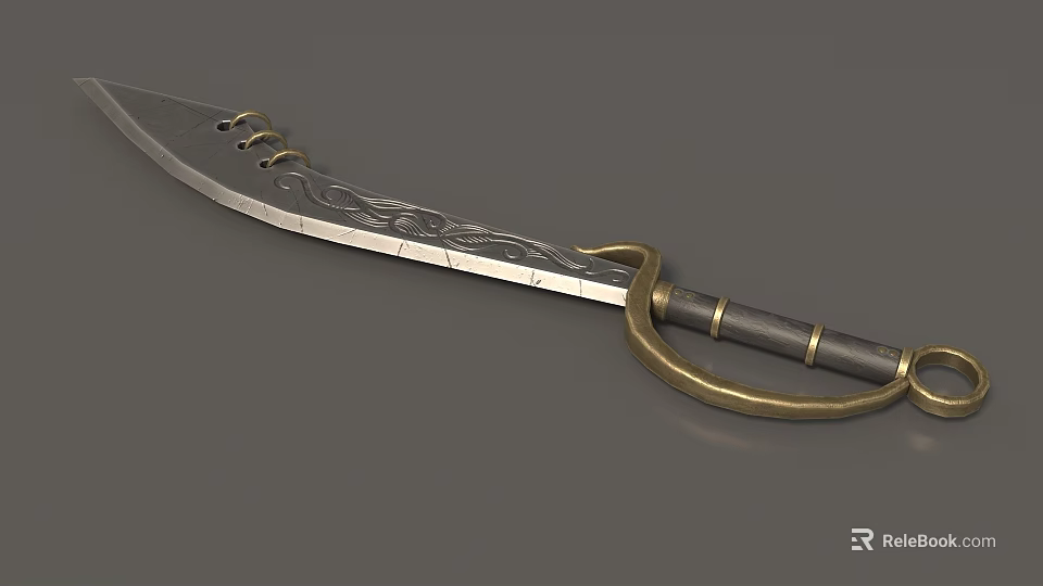 Decorative Weapon Featuring Engraved Blade Black Handle and Golden Ring 3d model 