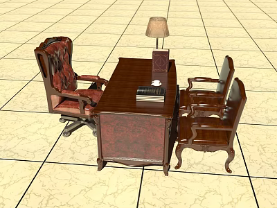 Vintage Wooden Desk with Leather Office Chair Table Lamp and Stack of Books 3d model