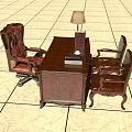 Vintage Wooden Desk with Leather Office Chair Table Lamp and Stack of Books