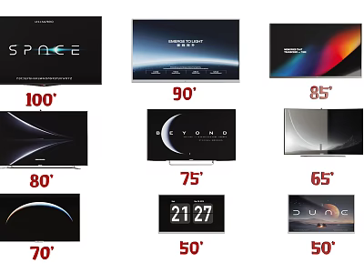 Flat Screen TVs with Various Sizes and Diverse Display Content for Home 3d model