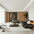 Modern Living Room Interior With Sectional Sofa Coffee Table Fireplace And Floor To Ceiling Windows
