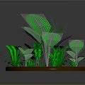 Lush Green Plant Arrangement With Round Brown Base And Tropical Leaves