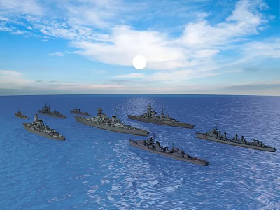 Multiple Warships Sailing On Blue Sea Under Sky With White Clouds And Sun 3d model
