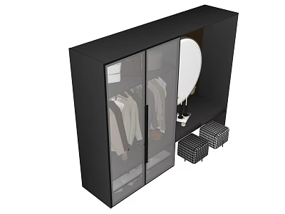 Black Modern Wardrobe with Glass Doors Hanging Clothes and Storage Ottomans 3d model