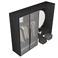 Black Modern Wardrobe with Glass Doors Hanging Clothes and Storage Ottomans