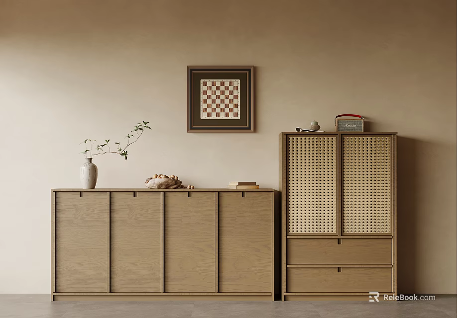 Minimalist Wooden Entryway Cabinet And Side Cabinet With Vase Plant And Framed Art 3d model 