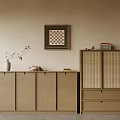 Minimalist Wooden Entryway Cabinet And Side Cabinet With Vase Plant And Framed Art